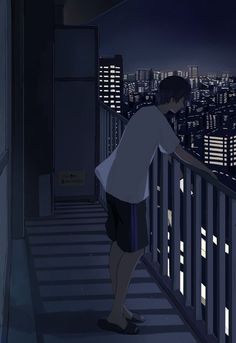 a man standing on top of a balcony next to a night time cityscape