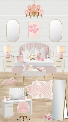 a bedroom with pink furniture and mirrors