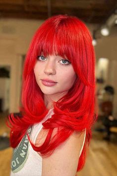 Bright Cherry Long Hair with Bangs Red Hair Instagram, Bright Red Hair Color, Bright Red Highlights, Red Hair Colors, Red Hair Looks, Red Curls, Funky Hair, Hot Hair Colors, Bright Red Hair