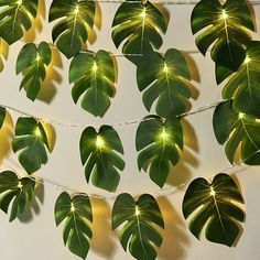 some green leaves are hanging on a string with white lights in the shape of hearts