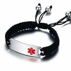 High Quality 13mm Stainless Steel Medical ID Bracelet With Black Rope Strap Casual and straightforward, this Personalized Stainless Steel Medical ID Bracelet with Black Rope Strap is a functional way to accessorize. The adjustable bracelet is made of black braided rope and has a 13mm stainless steel metal ID bar with a medical alert symbol. The metal place can be engraved with your personal information that will alert medical respondents to your needs in case of emergency. This medical bracelet Durable Black Bracelet Jewelry, Black Durable Bracelet Jewelry, Metal Bracelet With Black Band As Gift, Black Metal Wristband As Gift, Metal Jewelry With Black Band For Gift, Nickel-free Adjustable Rectangular Jewelry, Adjustable Black Braided Bracelet, Durable Black Wristband Gift, Nickel-free Black Bracelet Gift