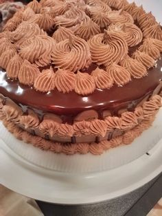 a large cake with chocolate frosting and swirls on it's side sitting on a white plate