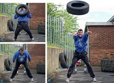 a man is doing exercises with a tire