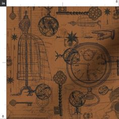 an old fashion wallpaper with clocks and other things on it's surface,