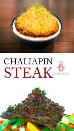 the poster for chalapin steak is shown above an image of a plate of food