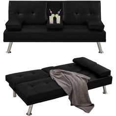 two black couches with pillows on them next to each other in front of a white background