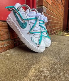 Custom Teal, white with rope laces White Sporty Sneakers With Front Lace-up, White Sporty Lace-up Sneakers, White Sneakers With Lacing For Streetwear, White Sneakers For Streetwear With Lacing, White Lacing Sneakers For Streetwear, Air Force One, Force One, Sneakers Athletic, Air Force Ones