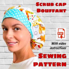 a woman wearing a bandana and smiling for the camera with text scrub cap boufant