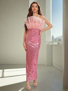 Experience the ultimate glamour with our Shimmering Belle: Sequin Patchwork Pleated Evening Dress. This stunning dress features shimmering sequins and a beautiful patchwork design, creating a truly eye-catching look. The pleated details add a touch of elegance, making it the perfect choice for any formal event. Color : Pink Pattern Type : Colorblock, Plain Type : Bodycon, Fitted Details : Contrast Sequin, Split, Zipper Neckline : Asymmetrical Neck Sleeve Length : Sleeveless Length : Maxi Hem Shaped : Pencil Waist Line : High Waist Fit Type : Slim Fit Fabric : Slight Stretch Material : Sequins Composition : 100% Polyester Care Instructions : Hand wash or professional dry clean Body : Lined Sheer : No Lining : 100% Polyester Lined For Added Warmth : No Size US Bust Waist Size Length Hip Size Pink Contrast Sequin Dress For Gala, Pink Party Dress With Contrast Sequin, Glamorous Pink Dress With Contrast Sequin, Pink Contrast Sequin Prom Dress, Festive Evening Sequin Dress With Contrast Sequins, Festive Sequin Dress With Contrast Sequin For Evening, Glamorous Pleated Party Dress, Festive Evening Dress With Contrast Sequin, Glamorous Pleated Evening Dress For Party