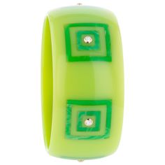 This piece is crafted from bright chartreuse vintage bakelite inlaid with a pattern of nested green squares. The bangle itself is not marbled but in contrast, the inlay work is richly marbled. Each section is centered with a white topaz set in an 18k yellow gold bezel. The complimentary shades of green lend this bangle a bright and lively feeling. This Mark Davis Collector piece pairs well with just about any shade of green as well as most other colors. Metal 18-Karat Yellow Gold (Au750) Gemston Luxury Green Rectangular Bracelets, Modern Green Bangle Jewelry, Modern Green Bangle, Vintage Bakelite, Ring Pendant Necklace, White Topaz, Other Colors, Ring Necklace, Shades Of Green