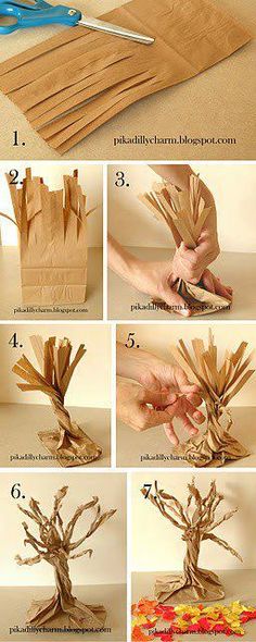 instructions to make a paper bag tree with leaves and branches on the bottom, in front of