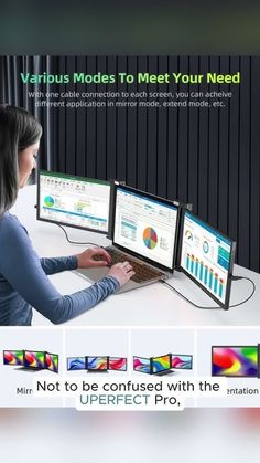 a woman sitting at a desk with three computer monitors on it and the caption not to be confused with the correct pro