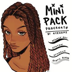 a drawing of a woman with long braids on her head and the words, mini pack procreate by ayecops