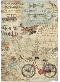 an old fashioned map with a bicycle, car and plane in the middle on it