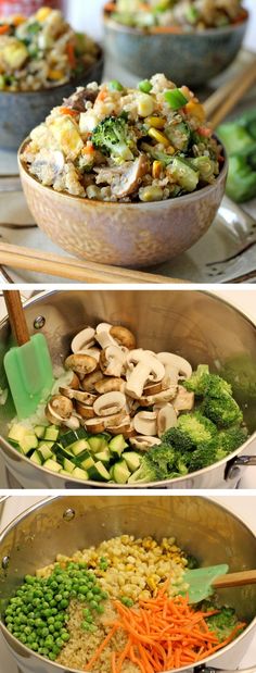 three pictures showing different types of food in pans