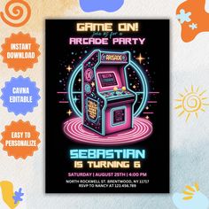 an arcade party flyer is shown with other items