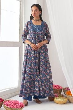 Shop for Negra Elegante Blue Cotton Silk Peony Printed Anarkali Set for Women Online at Aza Fashions Mirror Tassels, Scallop Dupatta, Printed Anarkali, Embroidered Hem, Silk Peonies, Peony Print, How To Hem Pants, Silk Organza, Mirror Work