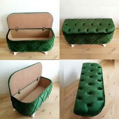 four different views of a green bench with its lid open and the bottom closed, sitting on a wooden floor