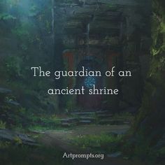 an ancient shrine surrounded by trees and greenery with the words, the guardian of an ancient shrine