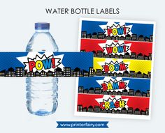 water bottle labels with comic pop art on them