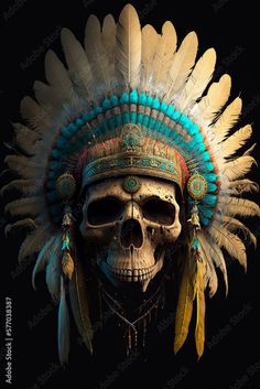 A skull wearing an indian headdress. Generative AI, #AD, ##indian, #advertisement, #headdress, #Generative, #sponsored Indian Advertisement, Indian Skull, Neck Tattoos, A Skull, Headdress, Feathers, Stock Illustration