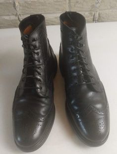 Mens Wingtips | Made in Mane | Men's Brogue Boots | Vintage Men's Boots | Hipster Boots. Dress Boots Mens Size 12 D Black Wingtips. 6 Eye Boots. Rubber Outsoles. Full Brogue. Lace Derby: FLAWS - Extensive Wear on Insoles.   Inserts have wear & discoloring. There is some heel unevenness. Outsoles have plenty of good thread: See photos. Photos are part of this item's condition & description. There is some sole & heel drag/wear. New Oil Coated Laces.  There is leather creasing on outsoles: See photos. These have been polished & waxed. Photos are part of condition. Formal Wingtip Lace-up Boots For Winter, Winter Formal Lace-up Boots With Brogue Detailing, Classic Wingtip Lace-up Boots For Winter, Formal High-top Lace-up Boots With Brogue Detailing, Winter Business Lace-up Boots With Brogue Detailing, Classic Winter Wingtip Boots, Classic Wingtip Winter Boots, Fitted Brogue Boots For Business, Fitted Brogue Business Boots