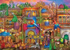 a painting of a colorful city with lots of people and animals on it's side