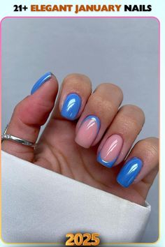 Blue and pink glossy nails featuring a bold and playful mix of tones. A fresh January nail design that’s vibrant, cheerful, and effortlessly stylish for winter. Pink Glossy Nails, January Nail, January Nail Designs, Glossy Nails, January Nails, Blue And Pink, Nail Design, Nails Inspiration