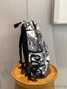 Bird in Bag - Lightweight Graffiti Print Functional Backpack School Bag for Graduates, Teens, Freshmen, Sophomores, Juniors, and Seniors Casual Bags With Letter Print For Streetwear, Casual Letter Print Bags For Streetwear, Casual Streetwear Bag With Letter Print, White Letter Print Bags For Streetwear, Casual Black Backpack With Letter Print, Casual Rectangular Backpack With Letter Print, Casual Backpack With Letter Print For Back To School, Casual Letter Print Backpack For Back To School, Large Capacity Backpack For Back To School Streetwear