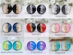 the different colors and designs of glass cabochles with gold glitters on them