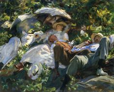 a painting of people laying in the grass with umbrellas over their heads and reading