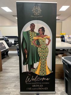 a large welcome sign for a newly married couple in an office setting with furniture and other items