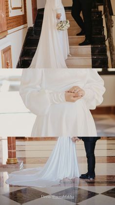 the bride and groom are walking down the stairs at their wedding ceremony in an elegant building