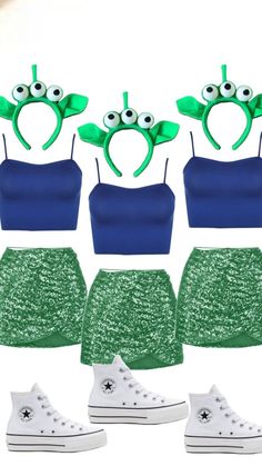 four pieces of green and blue clothing with eyes