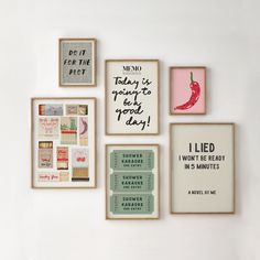 six framed pictures on the wall with different sayings and phrases in them, including one red pepper