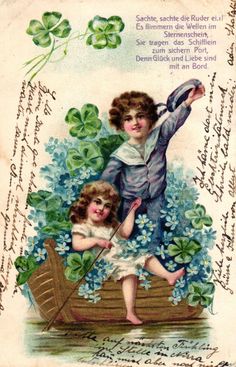 an old st patrick's day card with two children in a rowboat