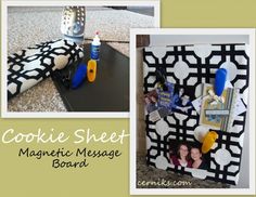 a collage of photos with the words cookie sheet magnetic message board and scissors on it