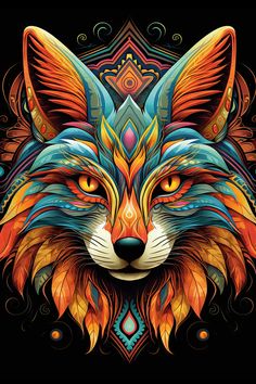 a colorful fox's head on a black background with an intricate design in the middle