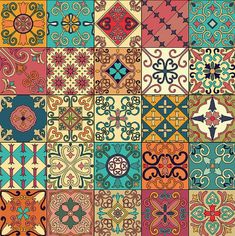 a colorful patchwork pattern with many different designs