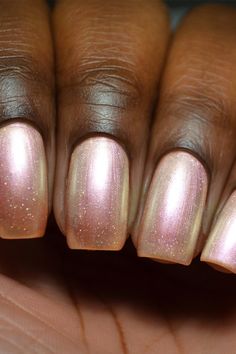 Cultured is a pink pearl-inpsired nail polish that features pearlescent shimmer that shifts between pink and green. Our shimmer polishes are packed with glimmering pigments which give them a unique multidimensional finish, unlike any other. Pearlescent Pink Nails, Pearl Nail Polish, Light Pink Shimmer Nails, Sheer Pink Shimmer Nails, Sheer Pink Nail Polish, Nail Deaigns, Pink Shimmer Nail Polish, Champagne Nails, Metallic Nail Polish