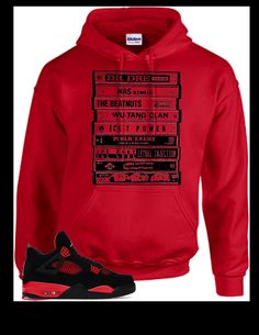 Sneaker Shirt Air Jordan 4 Red Thunder Match 1990s Cassettes Hip Hop Rap Red Unisex Hoodie Red Graphic Print Hoodie For Fans, Red Band Merch Sweatshirt For Streetwear, Red Throwback Sweatshirt For Streetwear, Throwback Red Sweatshirt For Streetwear, Hooded Throwback Tops For Streetwear, Throwback Streetwear Hoodie Top, Retro Red Sweatshirt For Streetwear, Jordan 4 Red, Black Planet