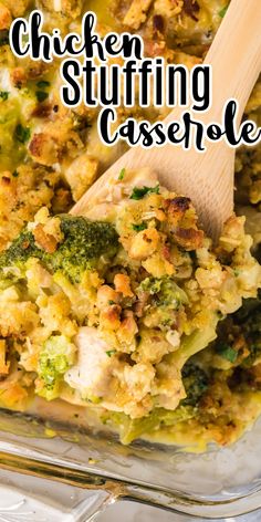 chicken stuffing casserole in a glass dish with a wooden spoon