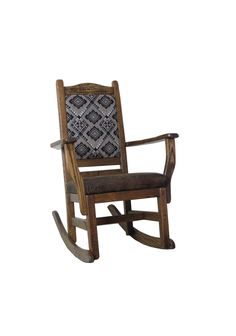 a wooden rocking chair with an upholstered seat and back cushion on the side