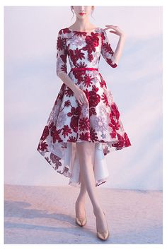 10% off now! burgundy cute flowers high low hoco party dress with sleeves online. Sheprom offers formal, party, casual & more style dresses to fit your special occasions. Fitted High-low Hem Prom Dresses, Prom Dress With Asymmetrical Hem For Party Season, Asymmetrical Hem Prom Dress For Party Season, Fitted A-line High Low Dress For Parties, Burgundy A-line Midi Dress For Party, Floral Print A-line Evening Dress For Party, Floral Print Prom Dress For Party Season, Spring Party Midi Dress With High-low Hem, Homecoming Midi Dress For Prom Season