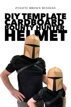 a man holding a child wearing a paper mask with the caption diy template cardboard and cardboard helmet