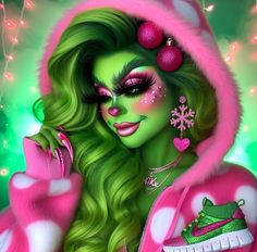 a painting of a woman with green hair and pink makeup