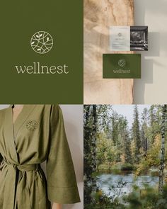 the logo and branding design for wellnest is displayed in front of an image of a forest