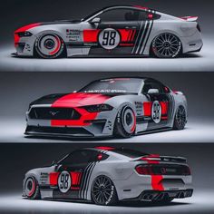 the new mustang racing car is shown in three different angles, including red and white stripes