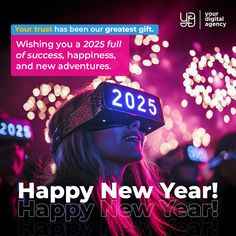 a woman wearing a virtual reality headset with fireworks in the background that reads happy new year