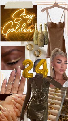 a collage with gold and silver items including rings, nail polishes, nails